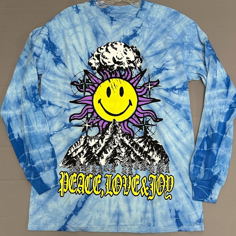 Chinatown Market Blue Tie-Dye Long Sleeve Shirt Smiley Face Peace Love Joy